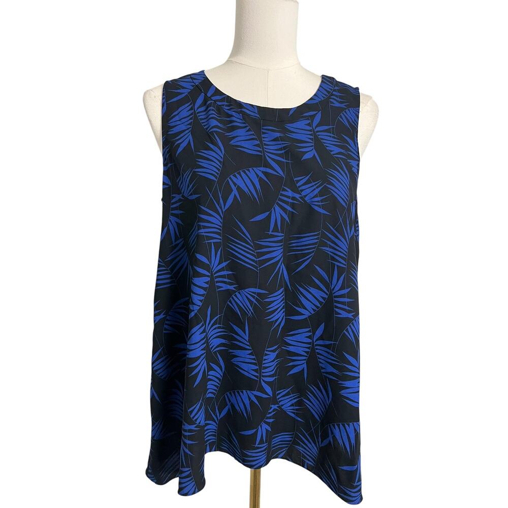 Anne Klein Womens Size Small Blue Black Tropical Leaf Print Sleeveless Top Tank